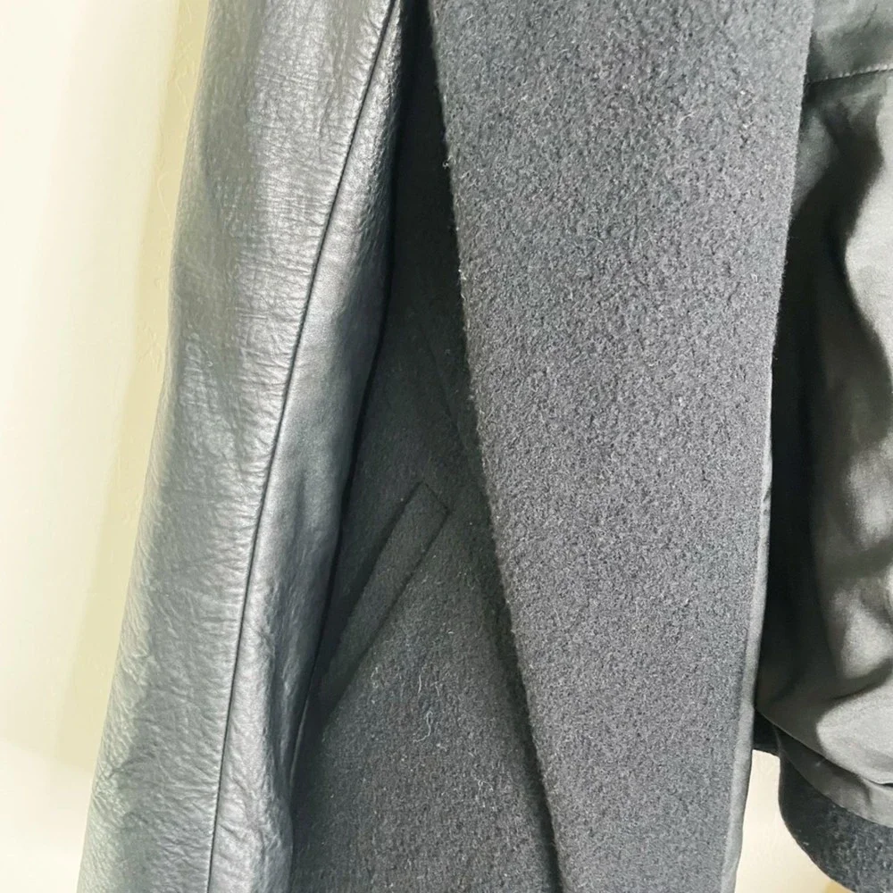 Wool Draped Open-Front Jacket with Genuine Leather Sleeves